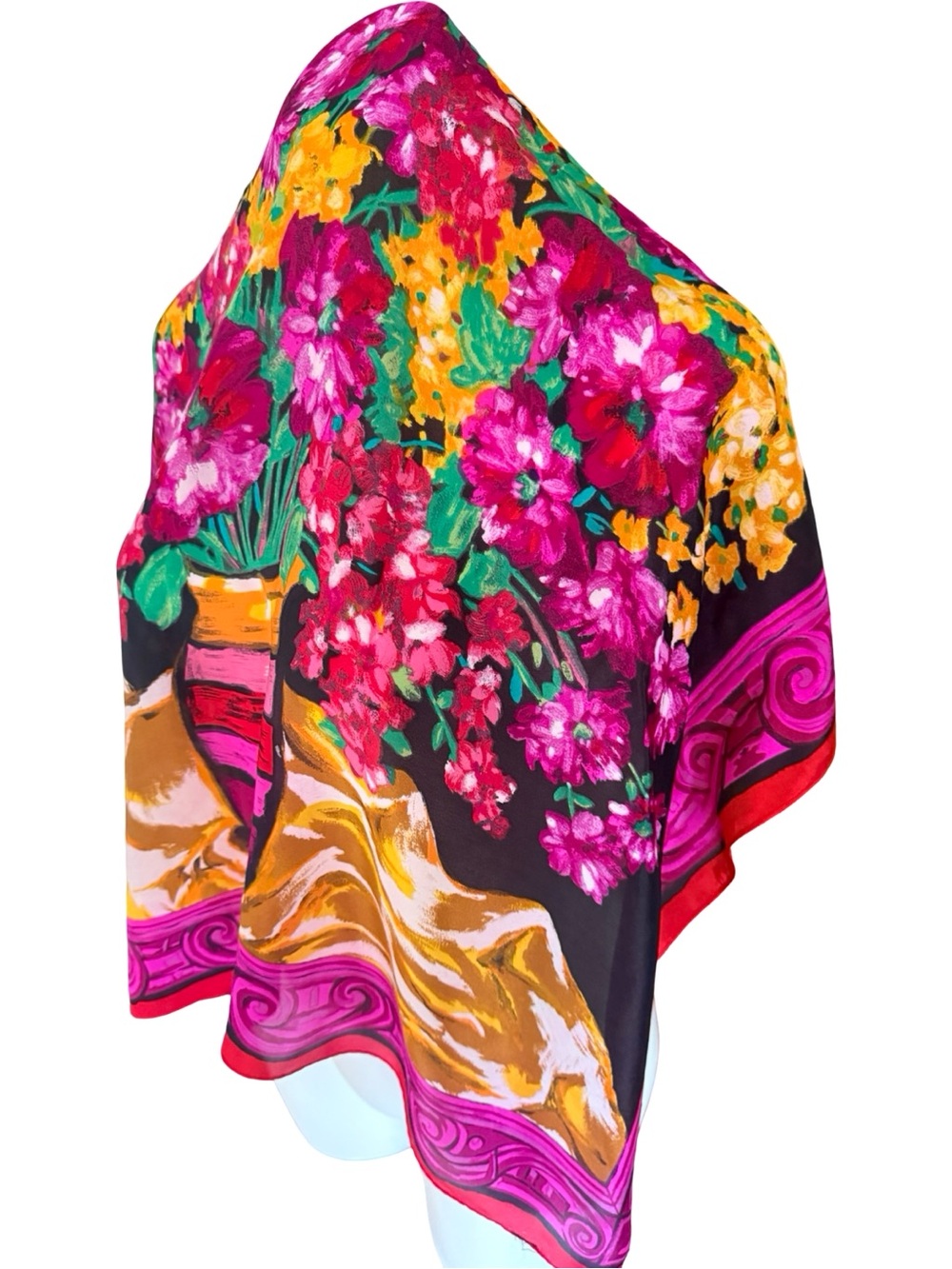 Vintage Oscar de la Renta Studio Silk Scarf Floral Bouquet Magenta Black Gold - Picture 5 of 7